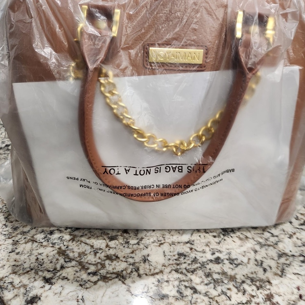 Joy & Iman Brown and Gold Satchel with Elegant Chain Detail
